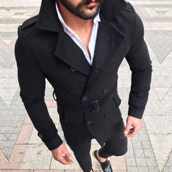 Men's Hooded Double-Breasted Trench Coat with Belt