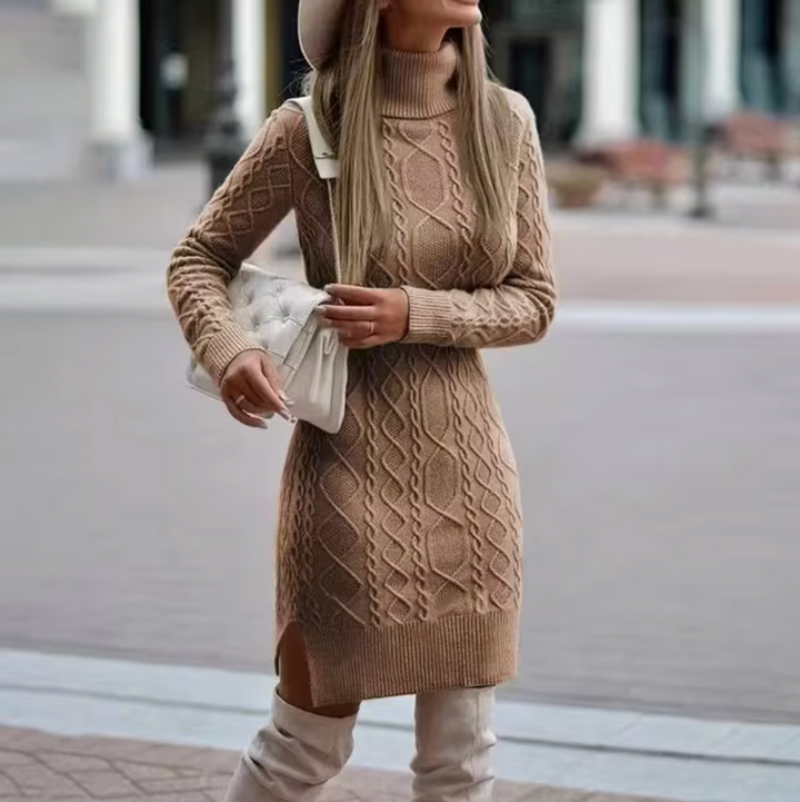 Women's Cable-Knit Turtleneck Jumper Dress with Side Slit