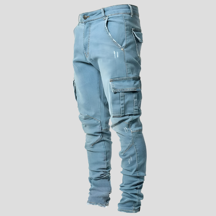 Men's Slim Fit Cargo Jeans with Side Pockets Mid-Rise
