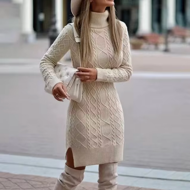 Women's Cable-Knit Turtleneck Jumper Dress with Side Slit