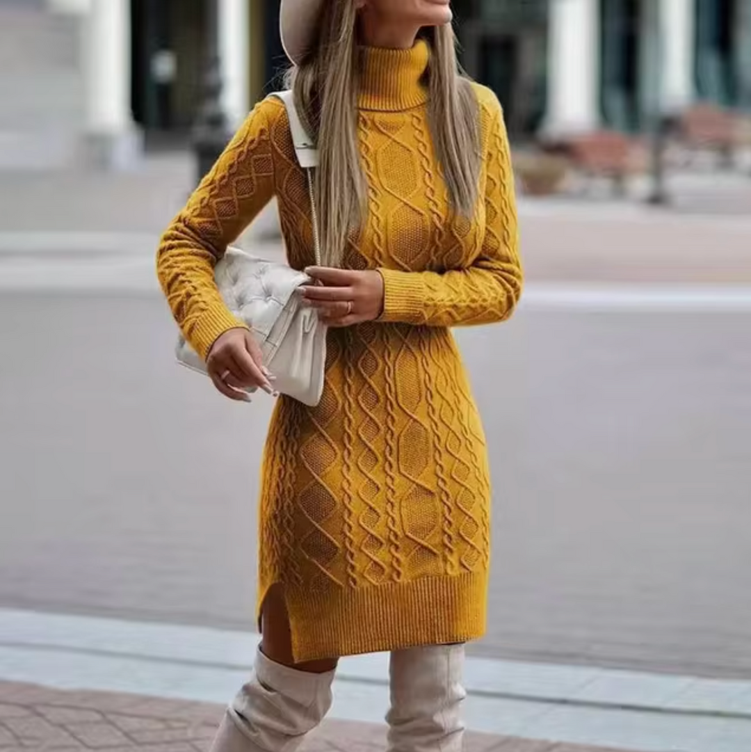 Women's Cable-Knit Turtleneck Jumper Dress with Side Slit