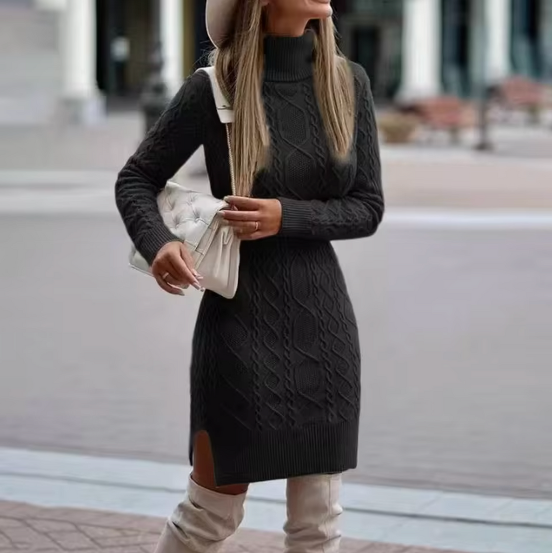 Women's Cable-Knit Turtleneck Jumper Dress with Side Slit