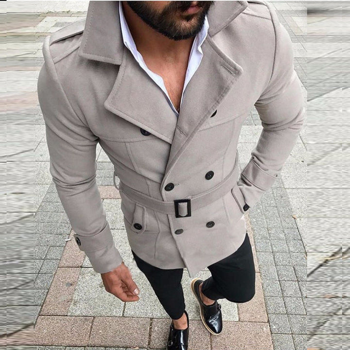 Men's Hooded Double-Breasted Trench Coat with Belt