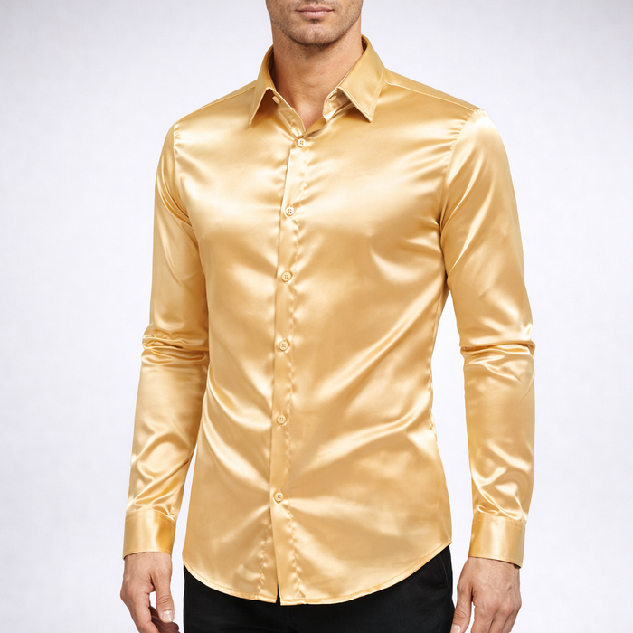 Men's Satin Shirt Button-Down Collar Long Sleeve