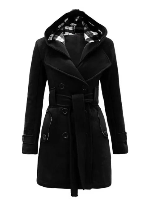 Women's Belted Trench Coat with Hood Double-Breasted