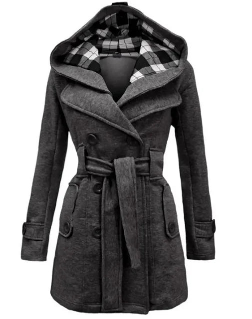 Women's Belted Trench Coat with Hood Double-Breasted