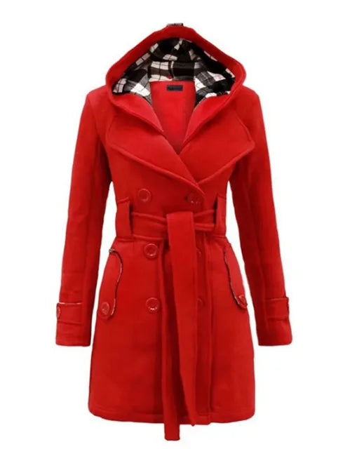 Women's Belted Trench Coat with Hood Double-Breasted