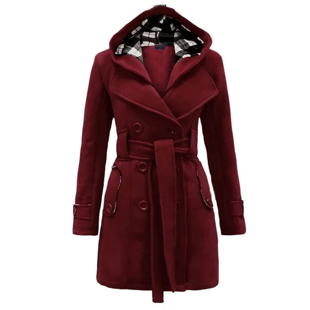 Women's Belted Trench Coat with Hood Double-Breasted