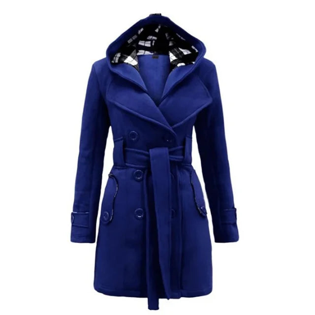 Women's Belted Trench Coat with Hood Double-Breasted