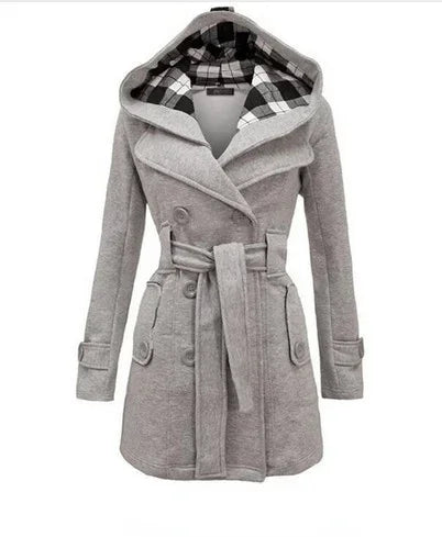 Women's Belted Trench Coat with Hood Double-Breasted
