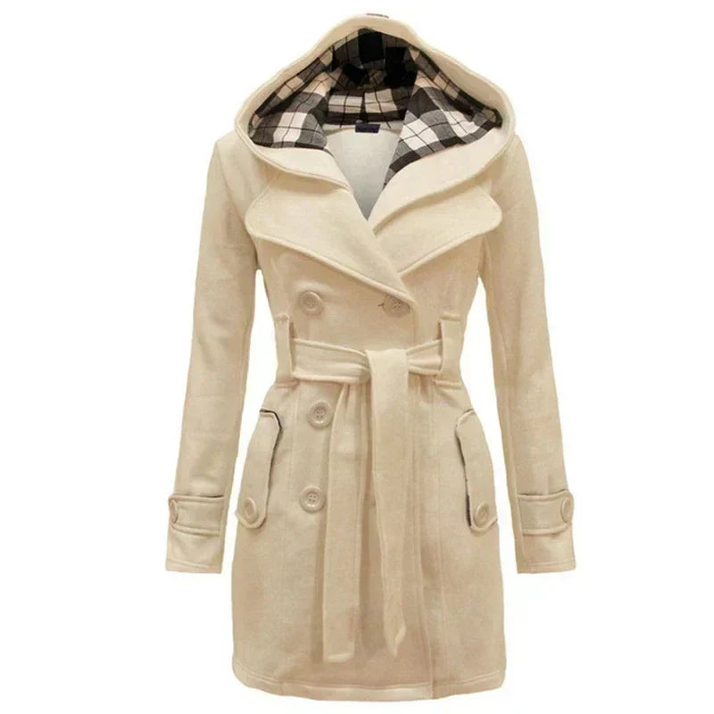 Women's Belted Trench Coat with Hood Double-Breasted