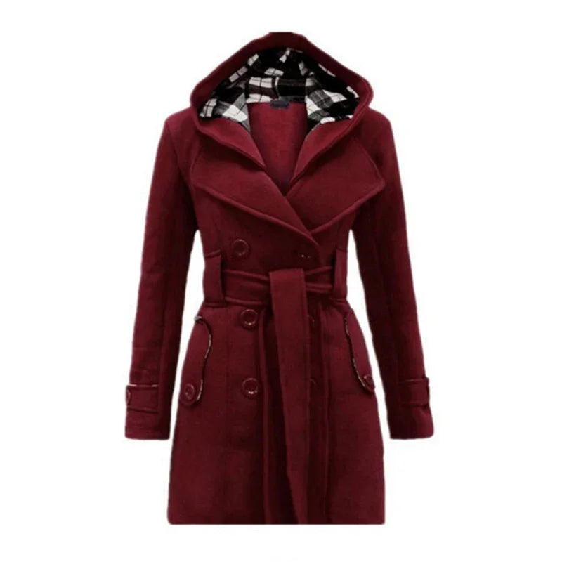 Women's Belted Trench Coat with Hood Double-Breasted