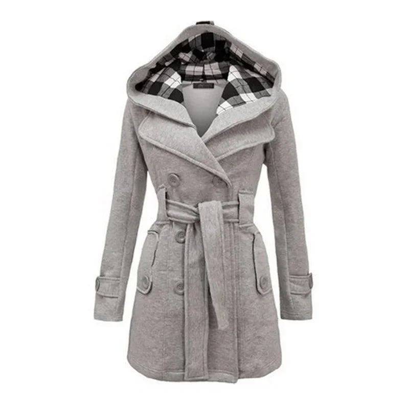Women's Belted Trench Coat with Hood Double-Breasted