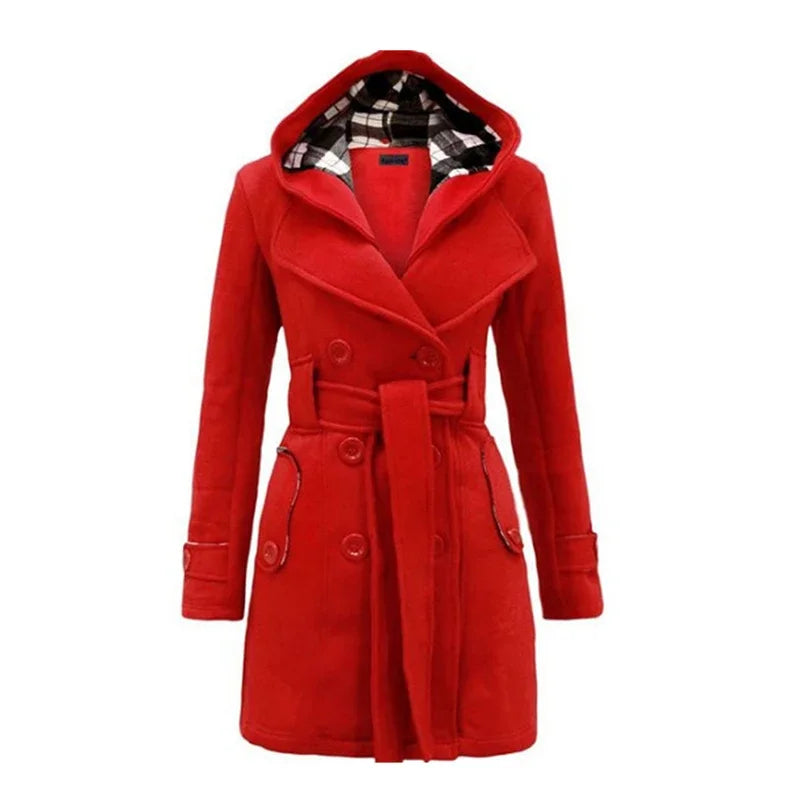Women's Belted Trench Coat with Hood Double-Breasted