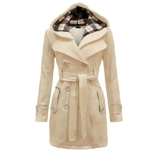 Women's Belted Trench Coat with Hood Double-Breasted