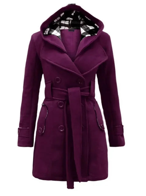 Women's Belted Trench Coat with Hood Double-Breasted