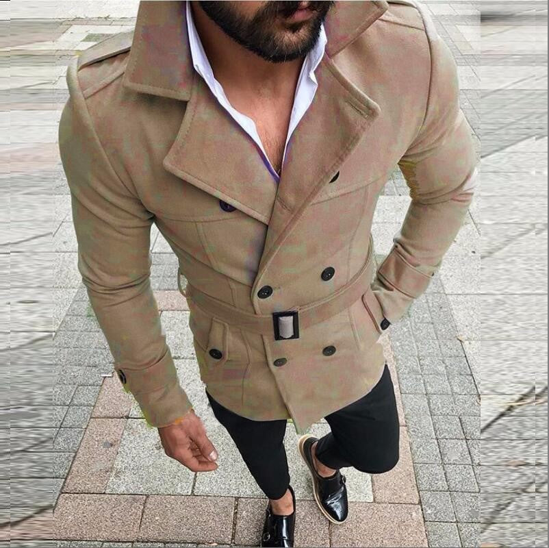 Men's Hooded Double-Breasted Trench Coat with Belt