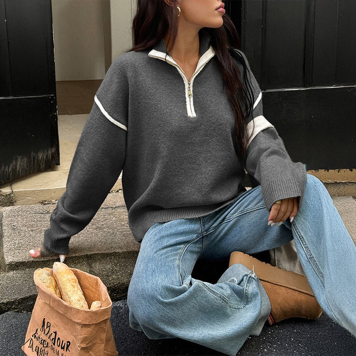 Women's Half-Zip Oversized Jumper with Contrast Trim