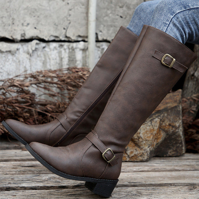 Women's Knee-High Boots with Side Zip and Buckle Detail