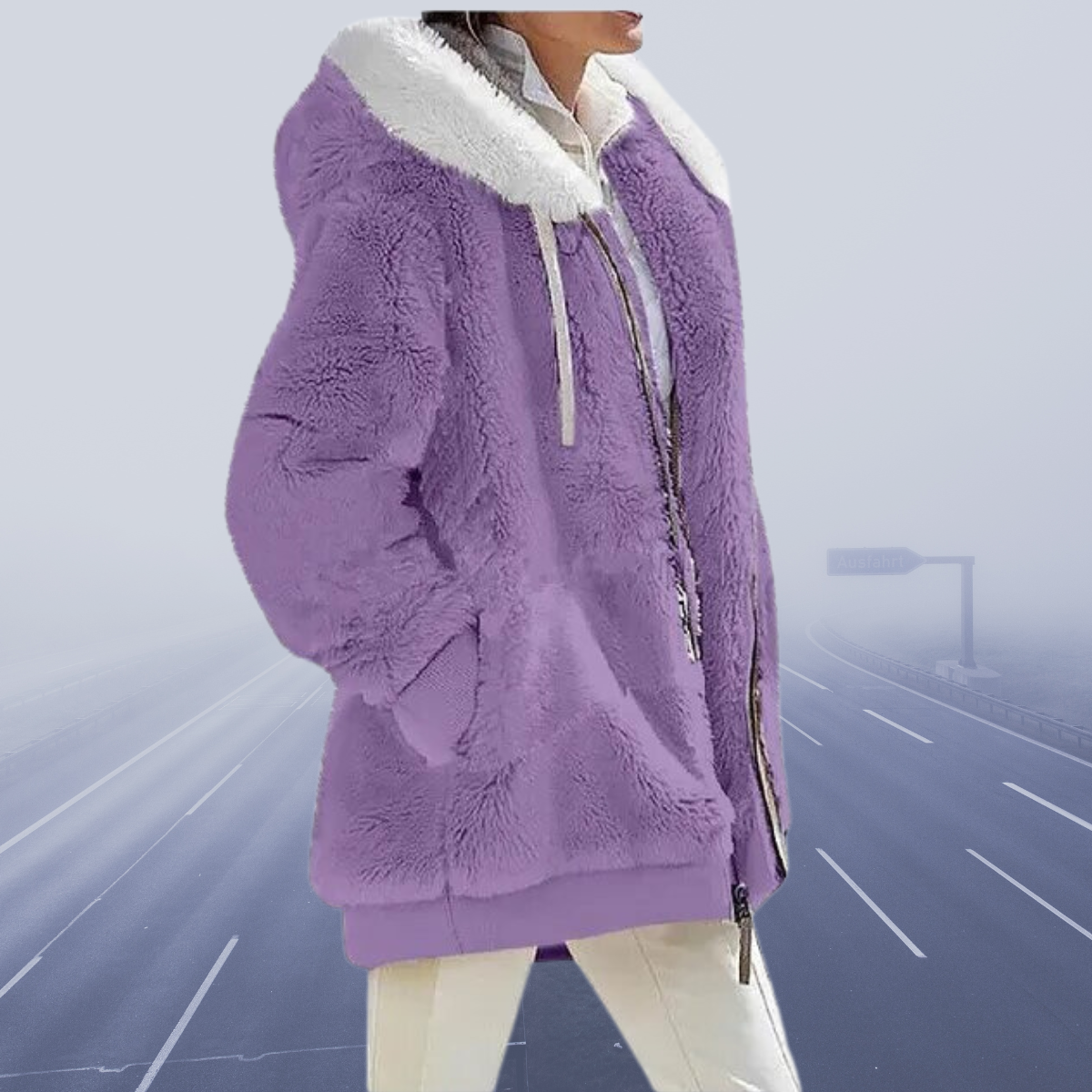 Women's Oversized Teddy Jacket with Hood and Zip Closure - Hooded ...