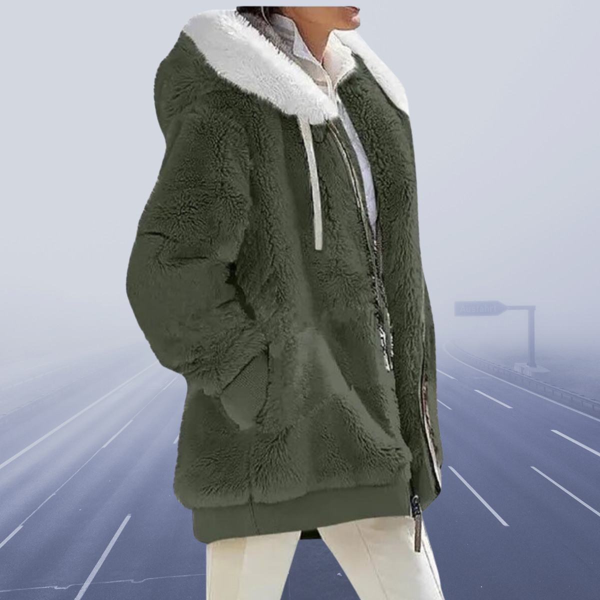 Women's Oversized Teddy Jacket with Hood and Zip Closure - Hooded ...