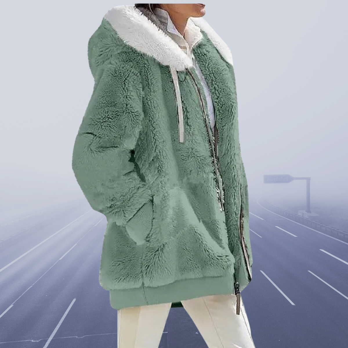 Women's Oversized Teddy Jacket with Hood and Zip Closure - Hooded ...