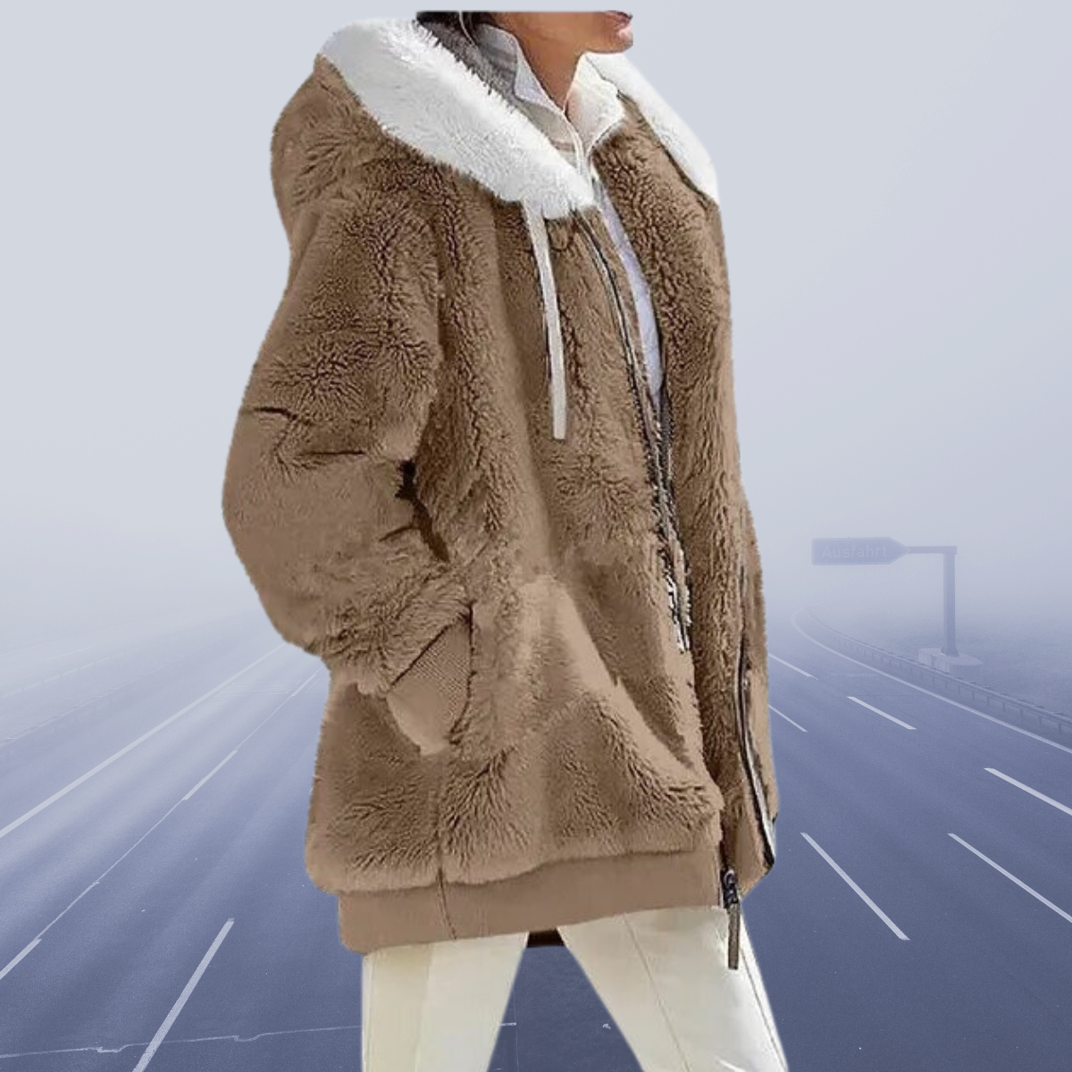 Women's Oversized Teddy Jacket with Hood and Zip Closure - Hooded ...