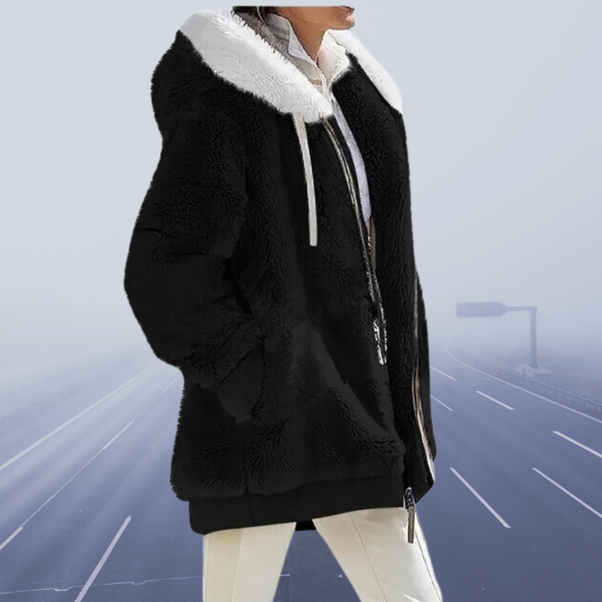 Women's Oversized Teddy Jacket with Hood and Zip Closure - Hooded ...