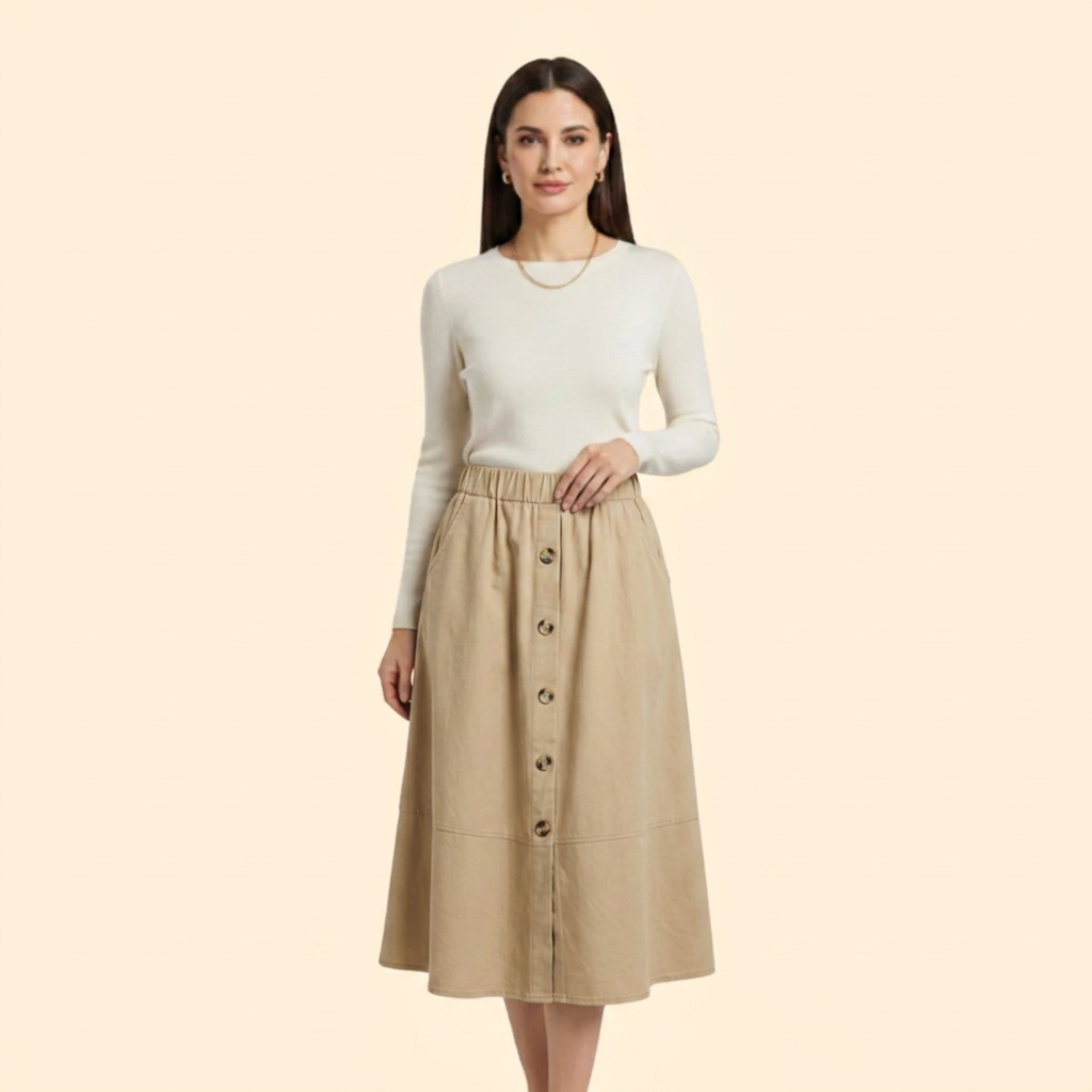 Women's Elastic Waist Button-Front Midi Skirt