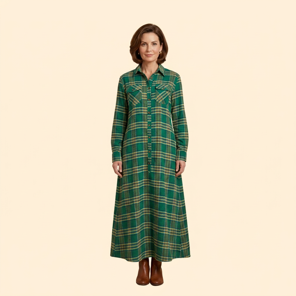 Women's Checkered Maxi Dress with Button-Down Front and Side Pockets