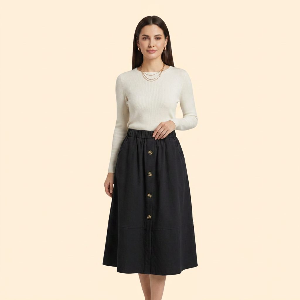 Women's Elastic Waist Button-Front Midi Skirt