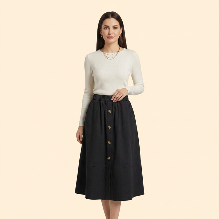 Women's Elastic Waist Button-Front Midi Skirt
