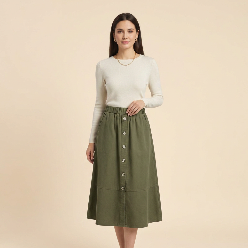 Women's Elastic Waist Button-Front Midi Skirt