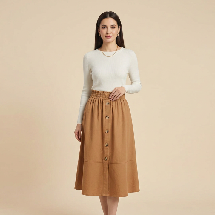 Women's Elastic Waist Button-Front Midi Skirt