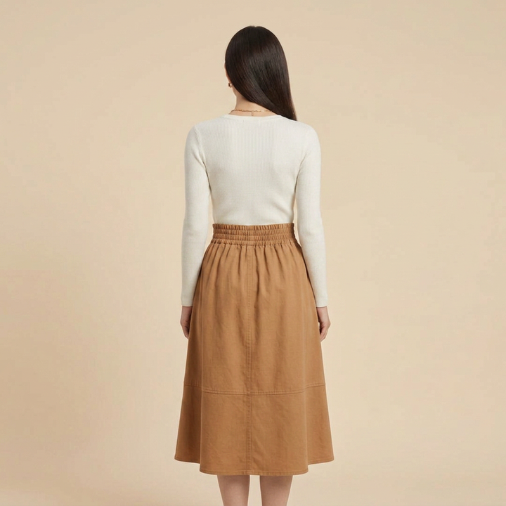 Women's Elastic Waist Button-Front Midi Skirt