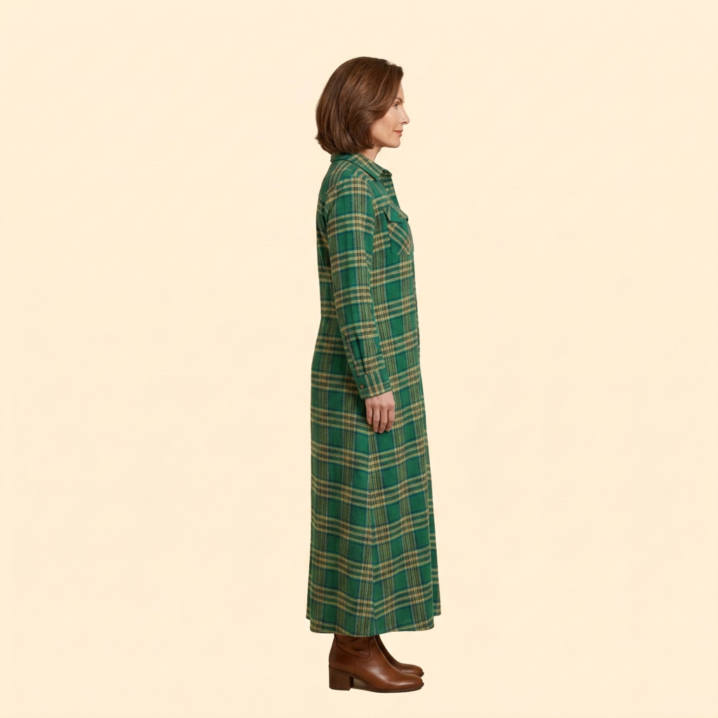 Women's Checkered Maxi Dress with Button-Down Front and Side Pockets