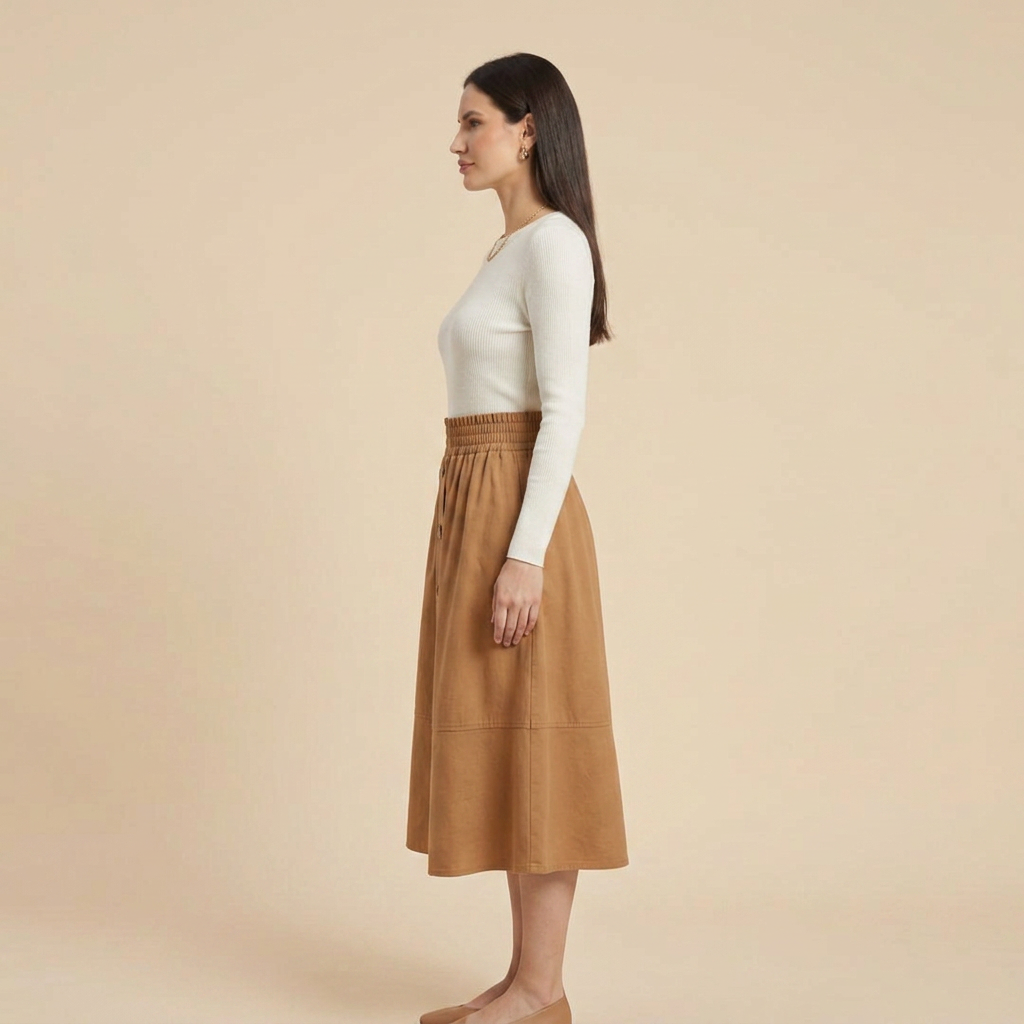 Women's Elastic Waist Button-Front Midi Skirt