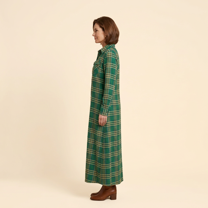 Women's Checkered Maxi Dress with Button-Down Front and Side Pockets