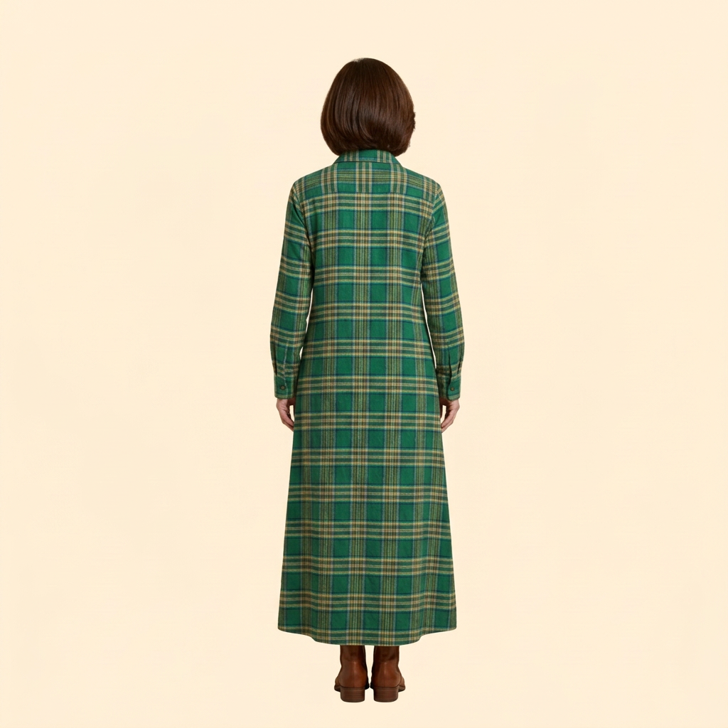 Women's Checkered Maxi Dress with Button-Down Front and Side Pockets