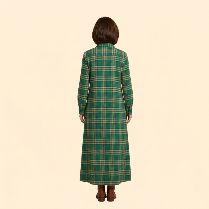 Women's Checkered Maxi Dress with Button-Down Front and Side Pockets