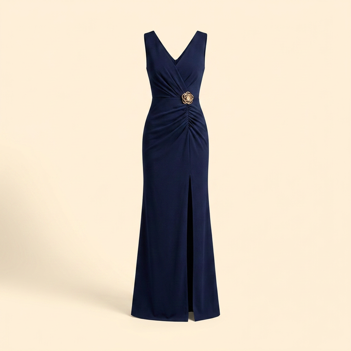 Women's Elegant Navy V-Neck Ruched Side-Slit Maxi Gown