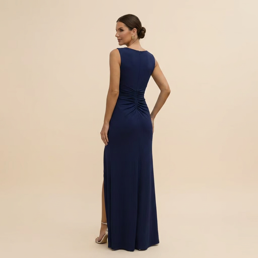Women's Elegant Navy V-Neck Ruched Side-Slit Maxi Gown