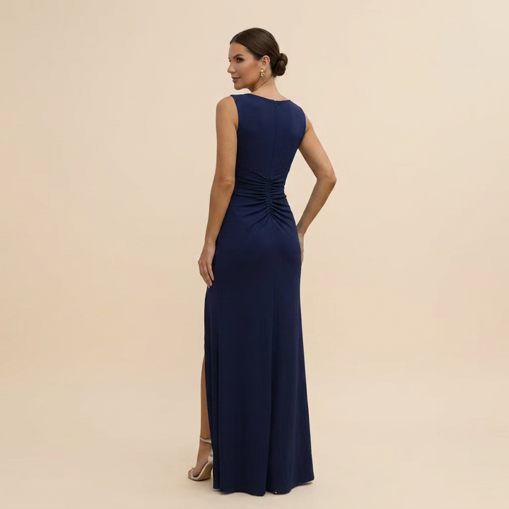 Women's Elegant Navy V-Neck Ruched Side-Slit Maxi Gown