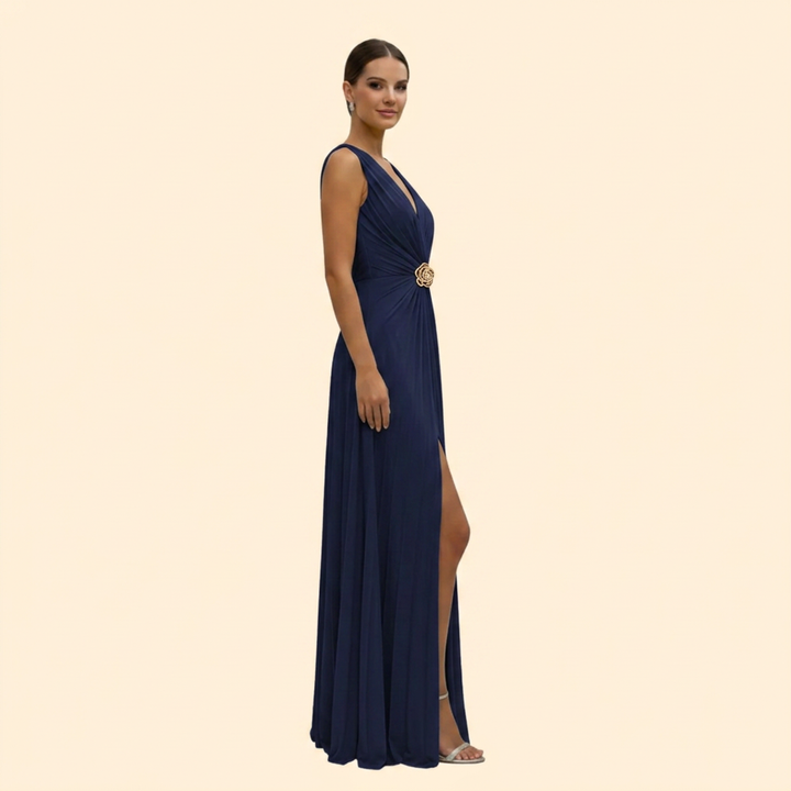 Women's Elegant Navy V-Neck Ruched Side-Slit Maxi Gown