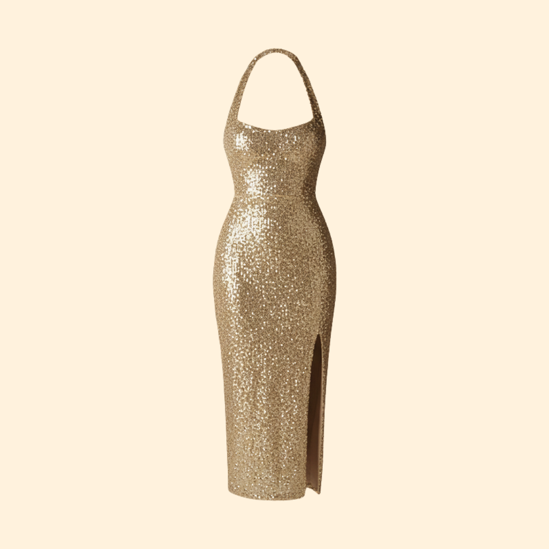 Women's Gold Sequin Halter Maxi Dress with High Slit