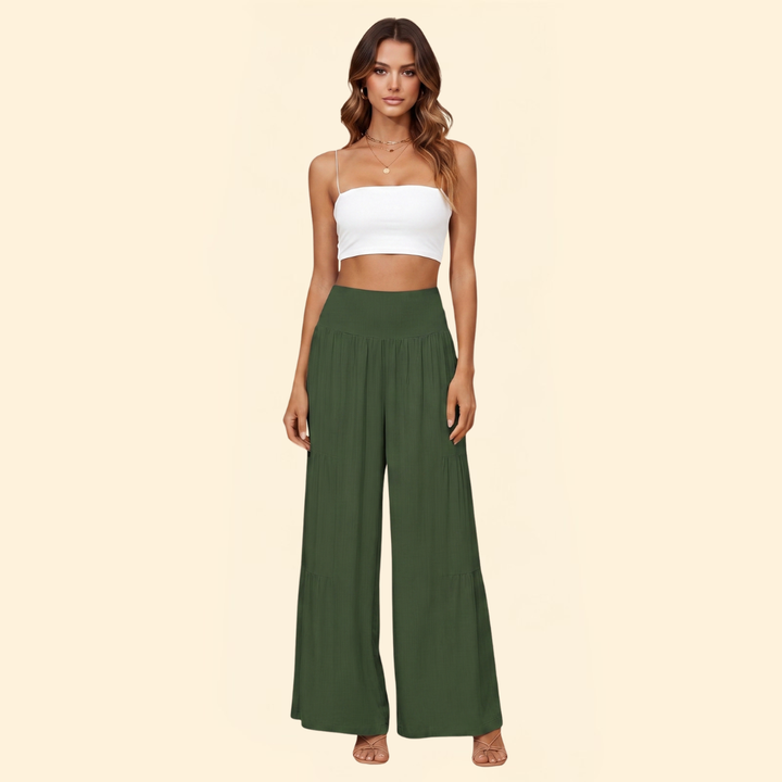 Women's High-Waisted Smocked Wide-Leg Trousers