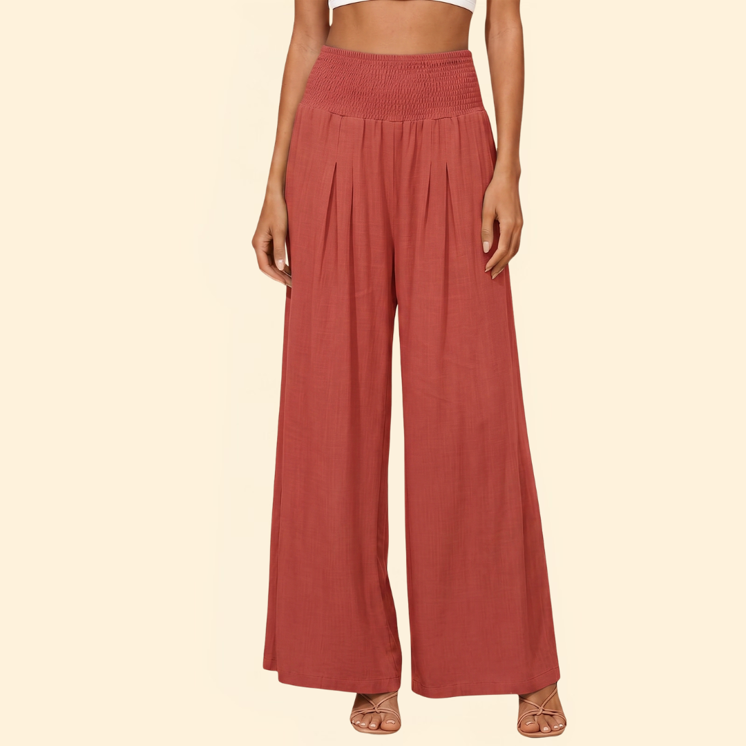 Women's High-Waisted Smocked Wide-Leg Trousers