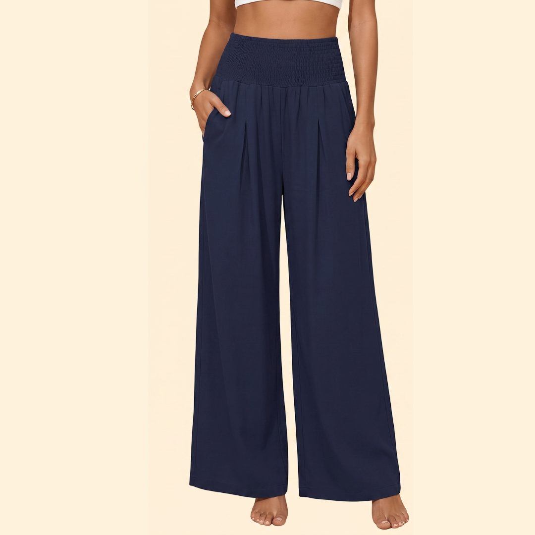 Women's High-Waisted Smocked Wide-Leg Trousers