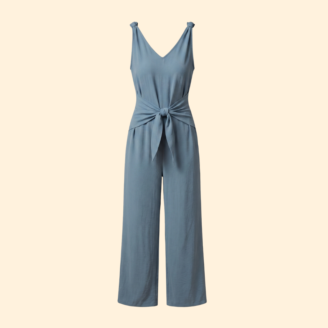 Women's Jumpsuit with V-Neckline and Adjustable Waist Tie