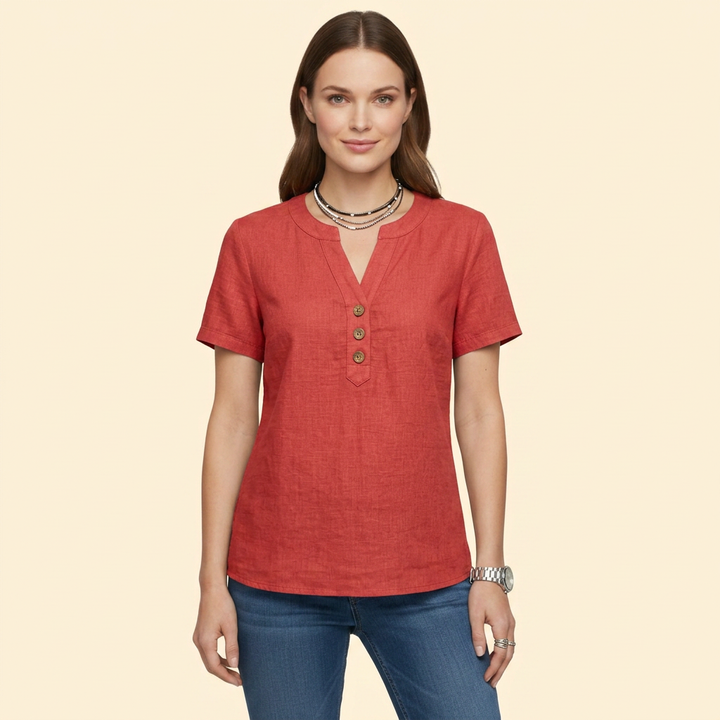 Women's Short Sleeve Buttoned Henley Blouse